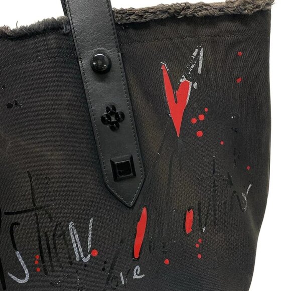 Auth CHRISTIAN LOUBOUTIN fringe bus - Black Red White Canvas Leather Tote Bag - Picture 14 of 15